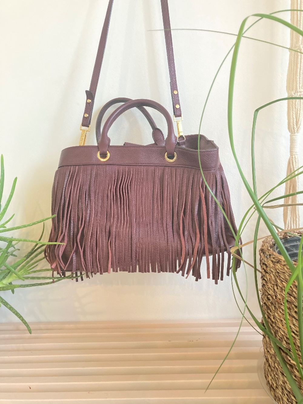 Milly Essex Fringe Leather Tote Bag Merlot Wine Burgundy Boho